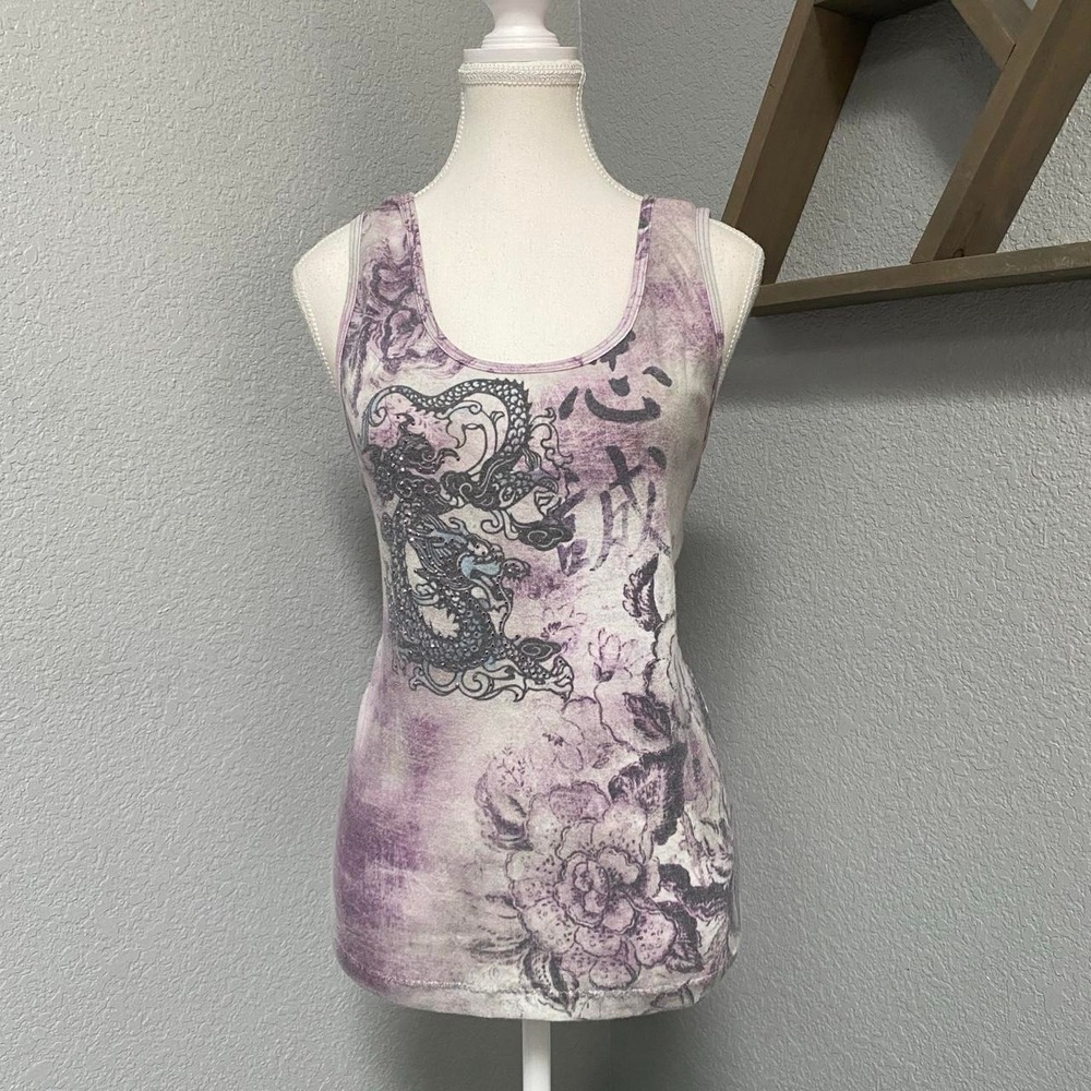 APT. 9 PURPLE DRAGON FLORAL RHINESTONES TANK TOP Y2K GRUNGE ALT EMO WHIMSICAL